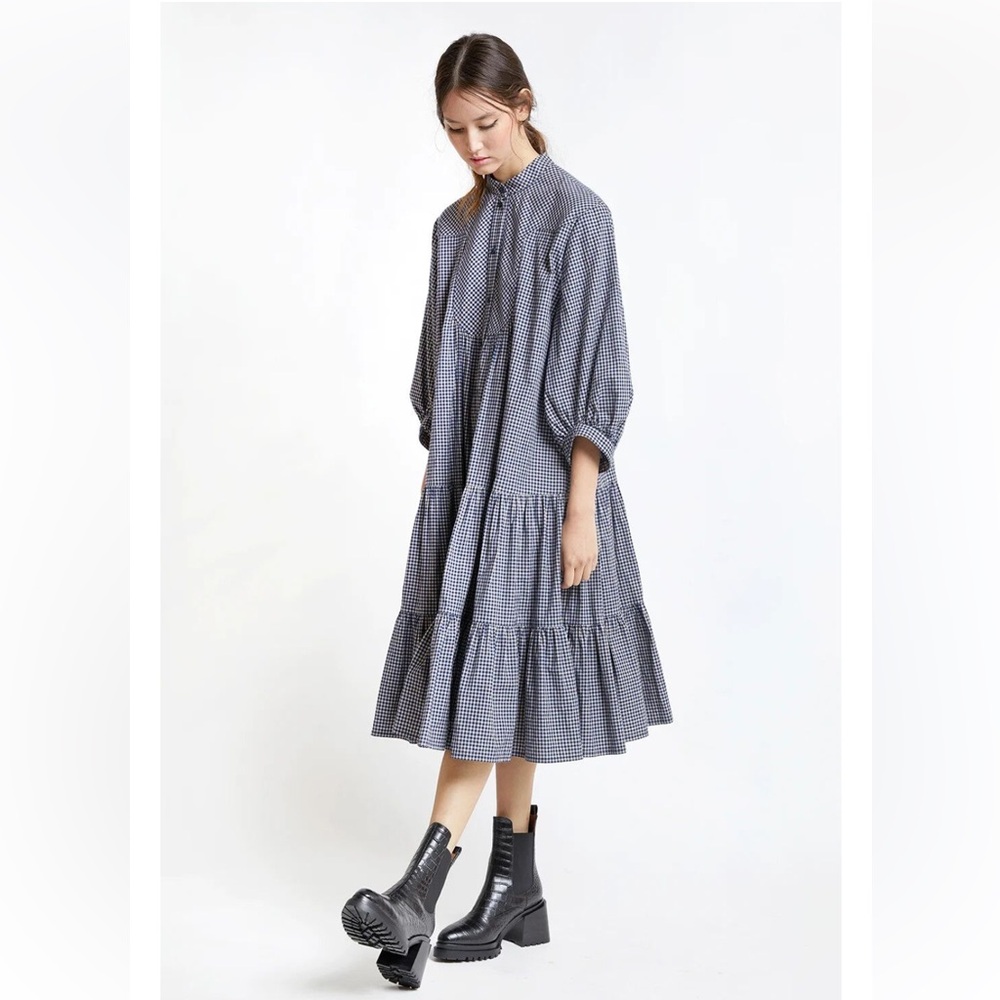 Karen Walker Oklahoma Tiered Dress Organic Cotton Dark Navy - Picture 2 of 7